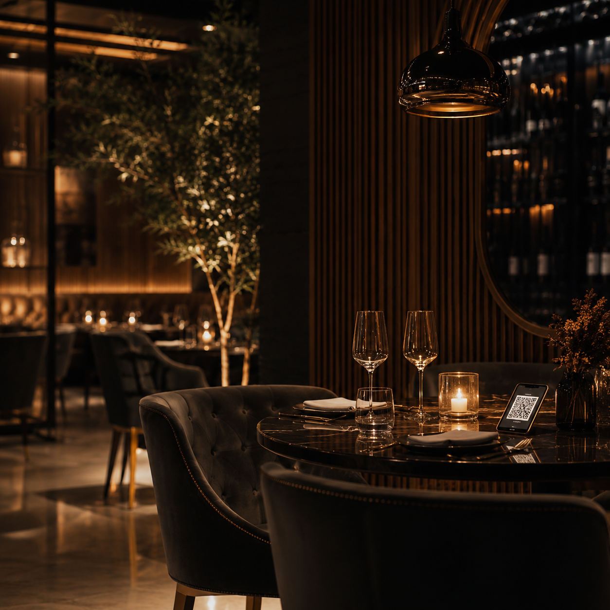 Table de restaurant elegante avec verres et chandelle